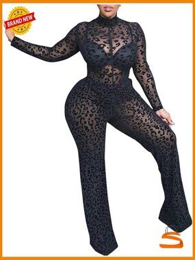 Plus Size Lace See Through Bodycon Jumpsuit Long Sleeve Clubwear Romper